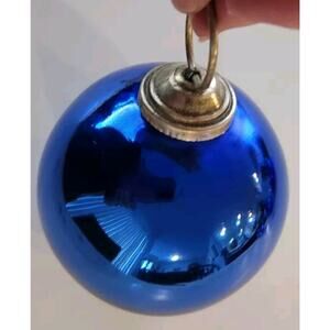 Old German Kugel Large Cobalt Blue Blown Glass Ball Christmas Ornament ~ OG Cap